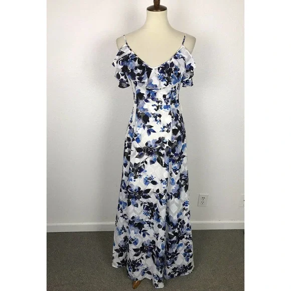 Eliza J Womens Floral Print Cold Shoulder Maxi Dress Blue 2